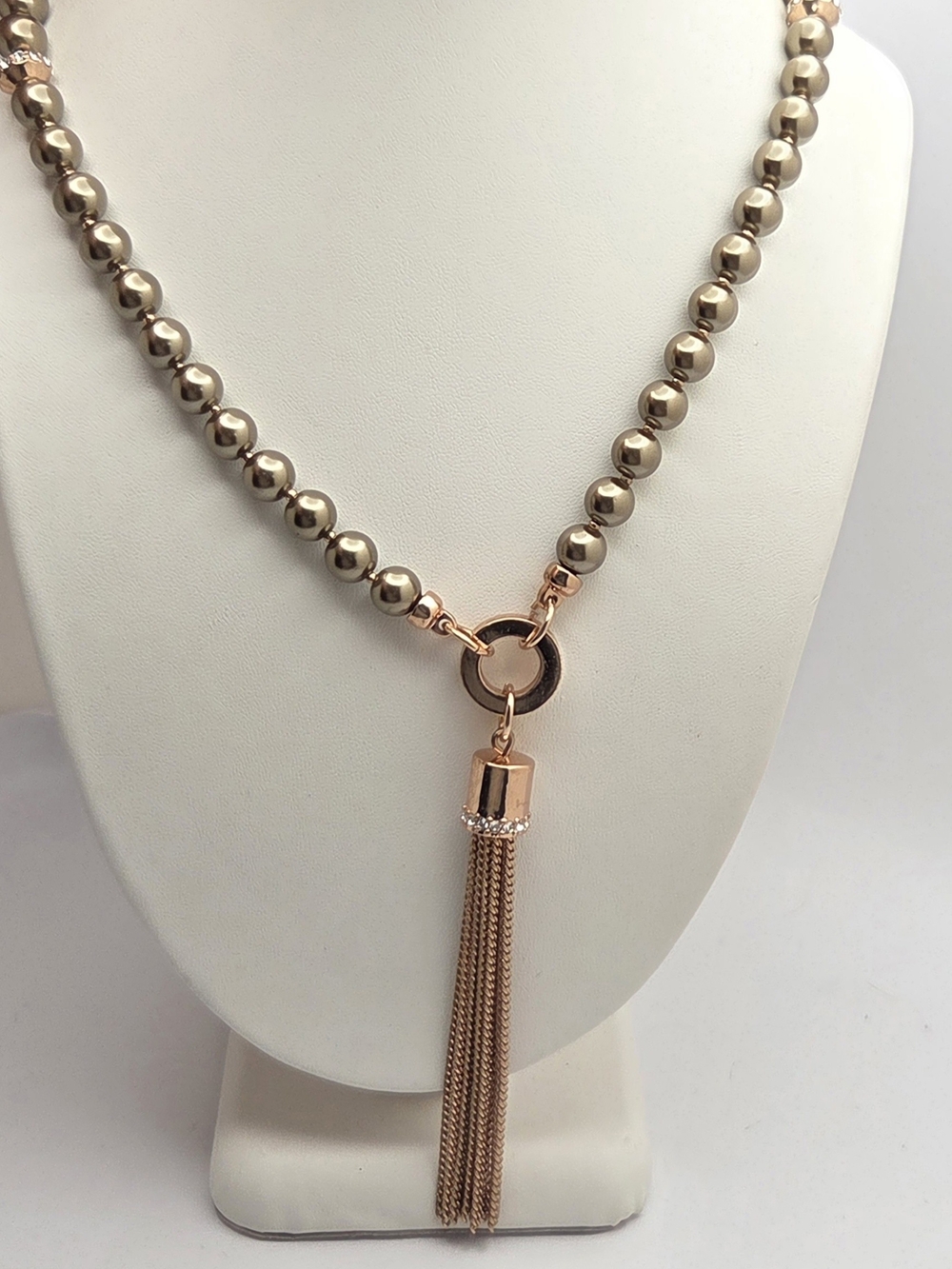 Charter Club Rose Gold Bronze Faux Pearl Rhinestone Chain Tassel Lariat Necklace